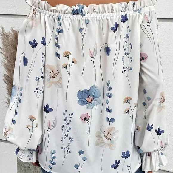 White Boho Women's Plus Size Vacation Loose Off-Shoulder Blouse - Picture 3 of 5